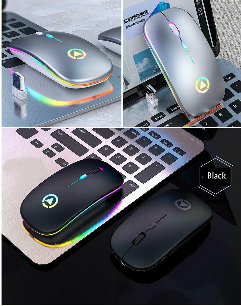 Mouse Sem Fio Recarregável Wireless Bluetooth Led Rgb 2.4ghz 1600 DPI 10 metros Computador Notebook Mac Windows