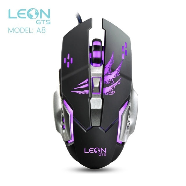 Mouse Gamer 3200 DPI, com Fio, Ergonômico, Silencioso USB LED Roxo LEON GTS A8 Preto e Branco