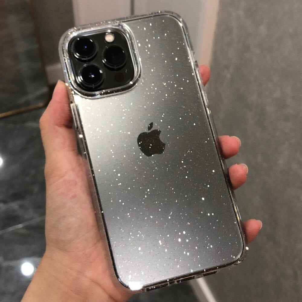 Capa Glitter Transparente com Amortecedor Duro Anti-Impacto para iPhone (Modelos 14 Pro Max, 13, 12, 11, 7, 8 Plus, Xs, XR, X) - Estilo Luxuoso e Brilho Deslumbrante