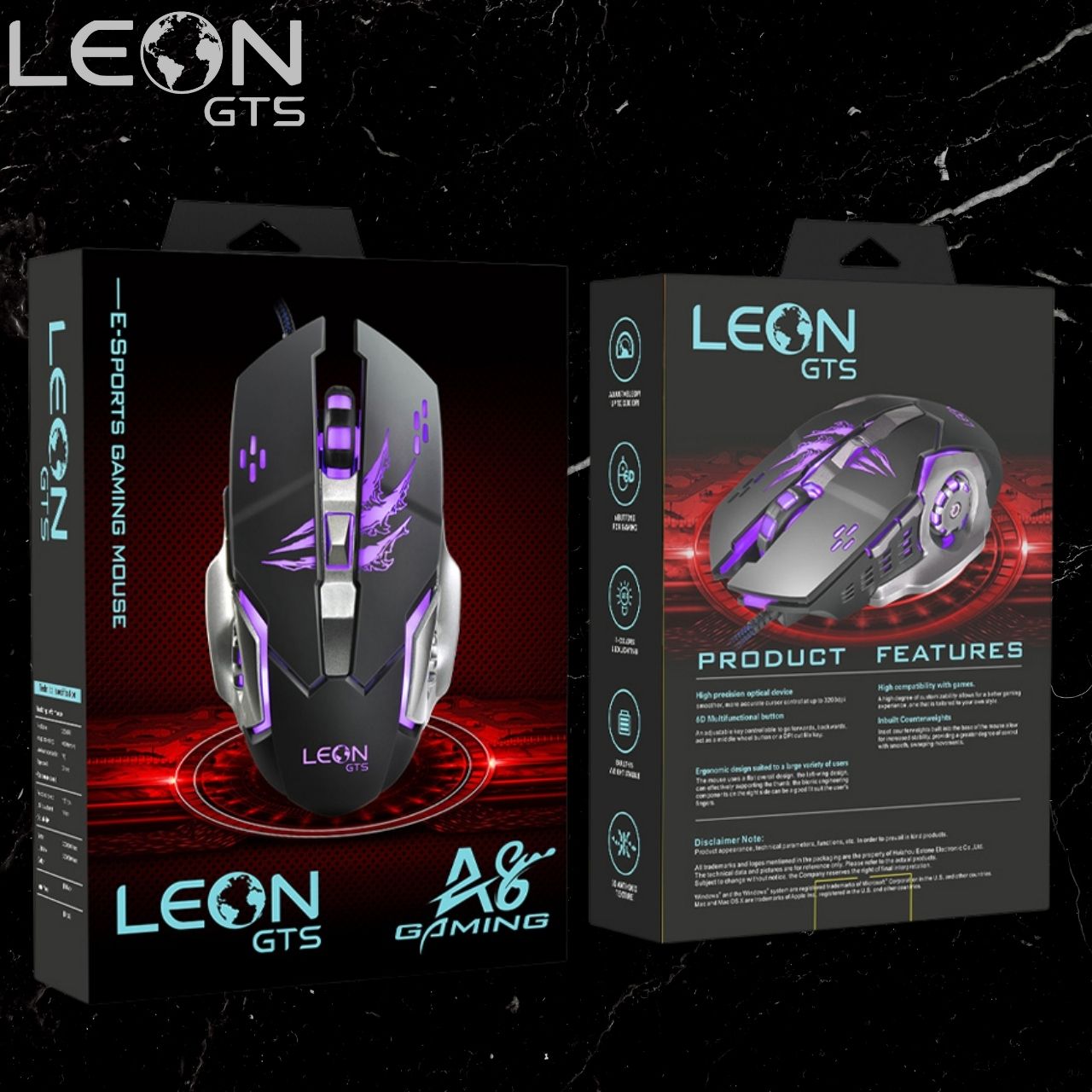 Mouse Gamer 3200 DPI, com Fio, Ergonômico, Silencioso USB LED Roxo LEON GTS A8 Preto e Branco