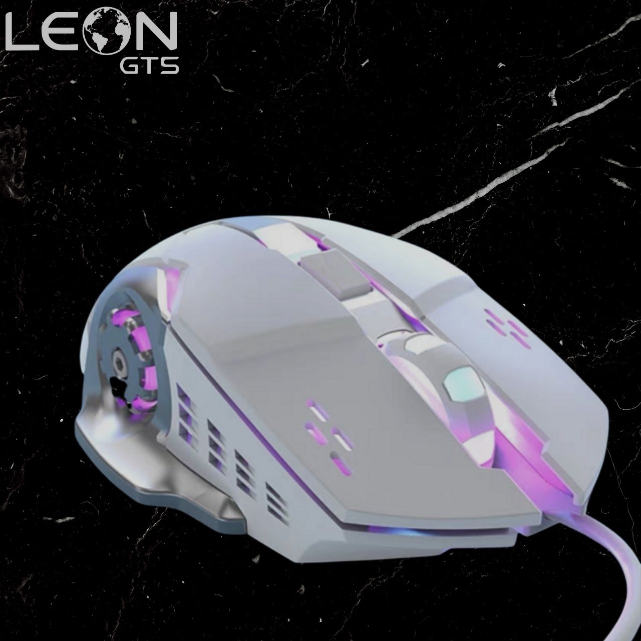 Mouse Gamer 3200 DPI, com Fio, Ergonômico, Silencioso USB LED Roxo LEON GTS A8 Preto e Branco