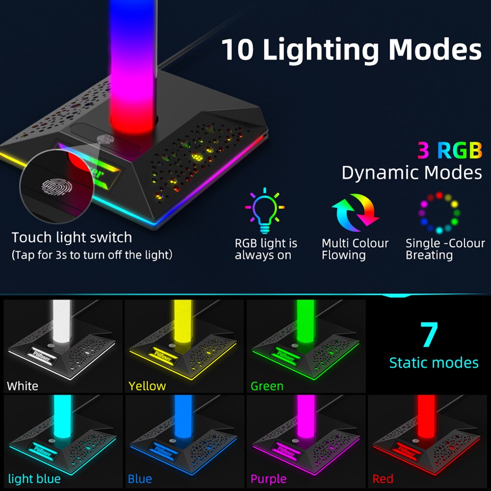 Suporte para fone de ouvido com RGB Gaming e duas portas USB, porta de áudio de 3,5 mm