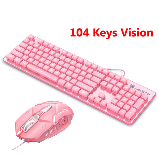 Conjunto de teclado e mouse rosa com fio