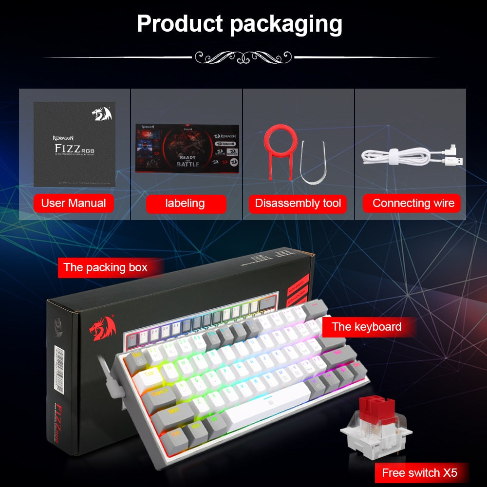 REDRAGON Fizz K617 RGB Mini USB Teclado Com Fio Teclado Gaming Mecânico Interruptor Vermelho 61 Chave Gamer para PC Computador Portátil destacável cabo