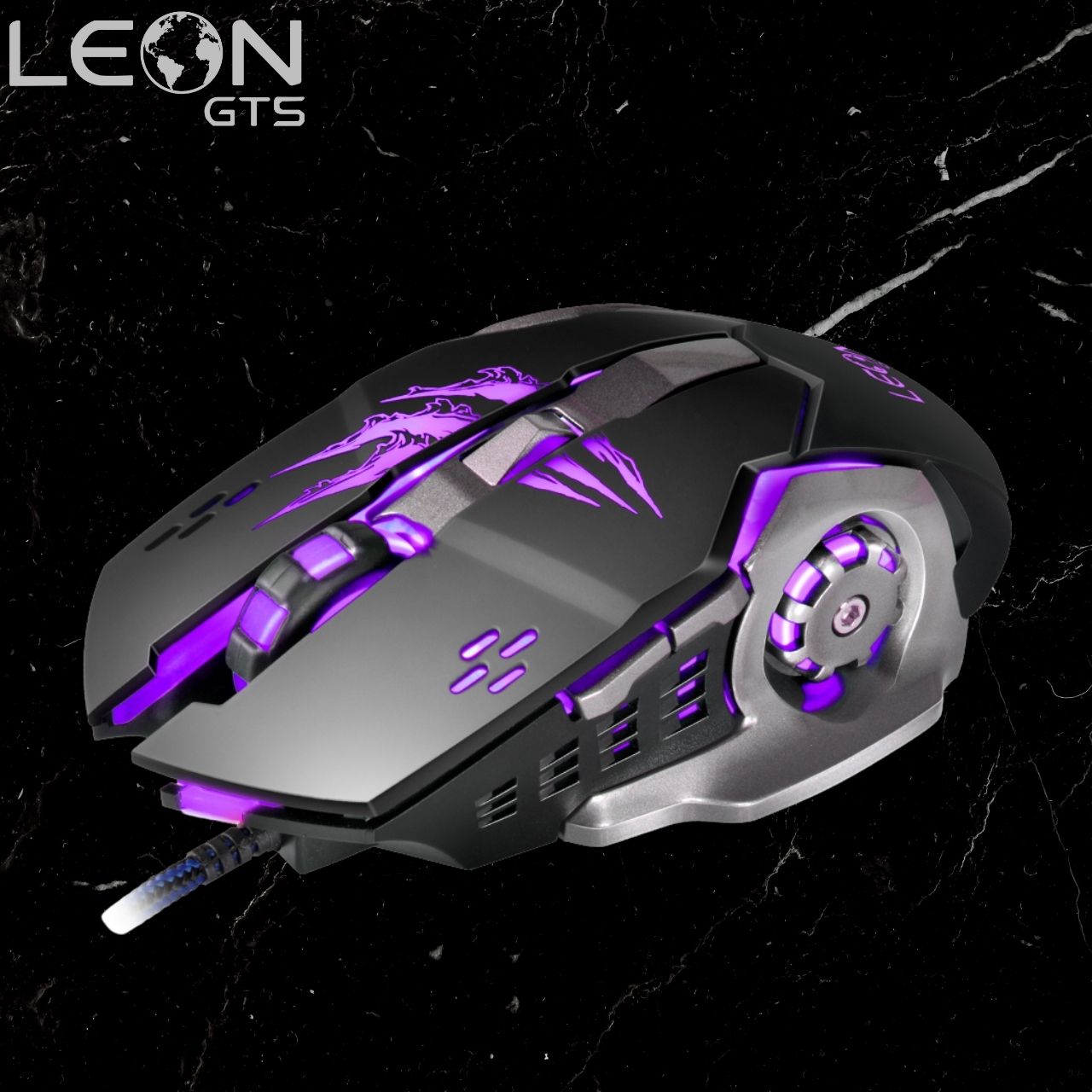 Mouse Gamer 3200 DPI, com Fio, Ergonômico, Silencioso USB LED Roxo LEON GTS A8 Preto e Branco