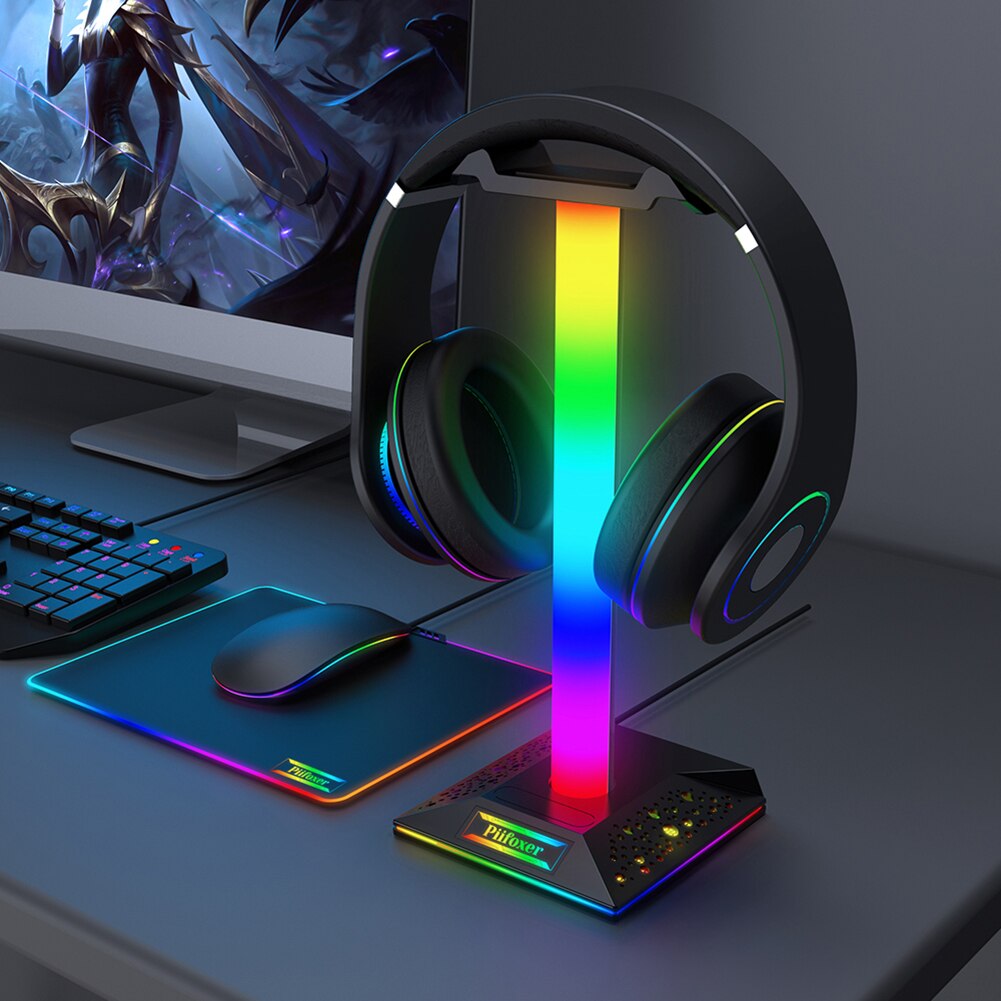 Suporte para fone de ouvido com RGB Gaming e duas portas USB, porta de áudio de 3,5 mm