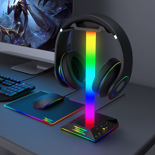 Suporte para fone de ouvido com RGB Gaming e duas portas USB, porta de áudio de 3,5 mm
