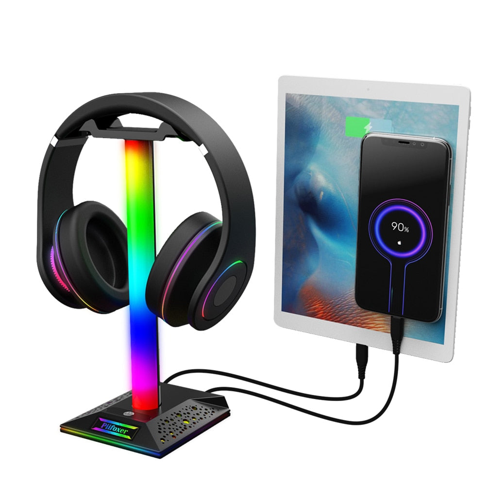 Suporte para fone de ouvido com RGB Gaming e duas portas USB, porta de áudio de 3,5 mm