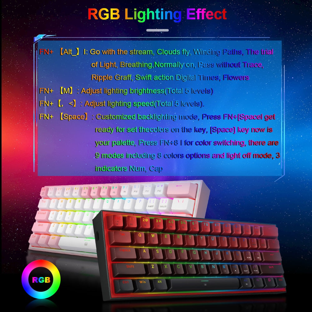 REDRAGON Fizz K617 RGB Mini USB Teclado Com Fio Teclado Gaming Mecânico Interruptor Vermelho 61 Chave Gamer para PC Computador Portátil destacável cabo