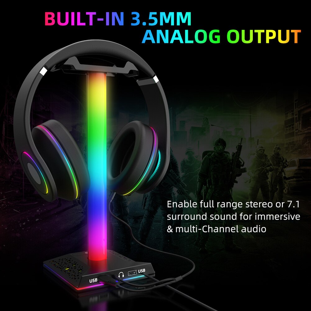 Suporte para fone de ouvido com RGB Gaming e duas portas USB, porta de áudio de 3,5 mm