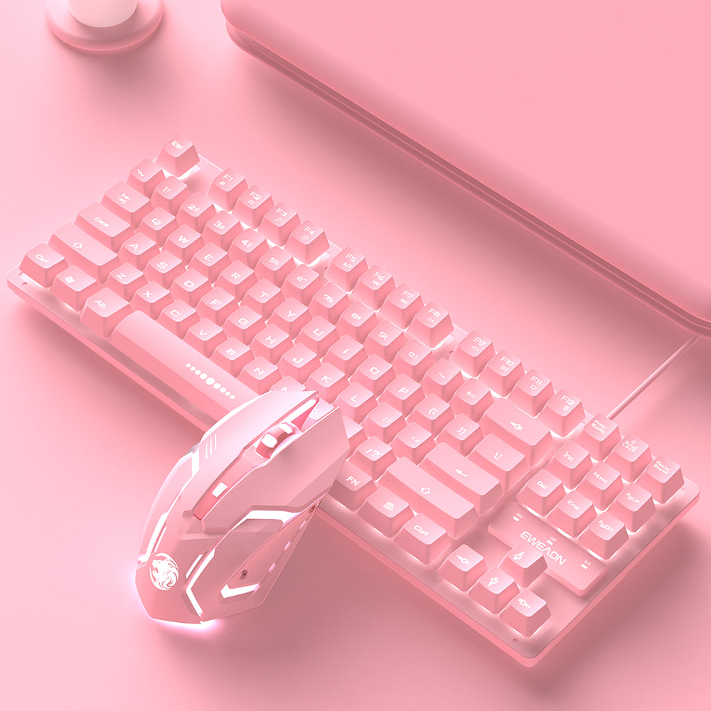 Conjunto de teclado e mouse rosa com fio