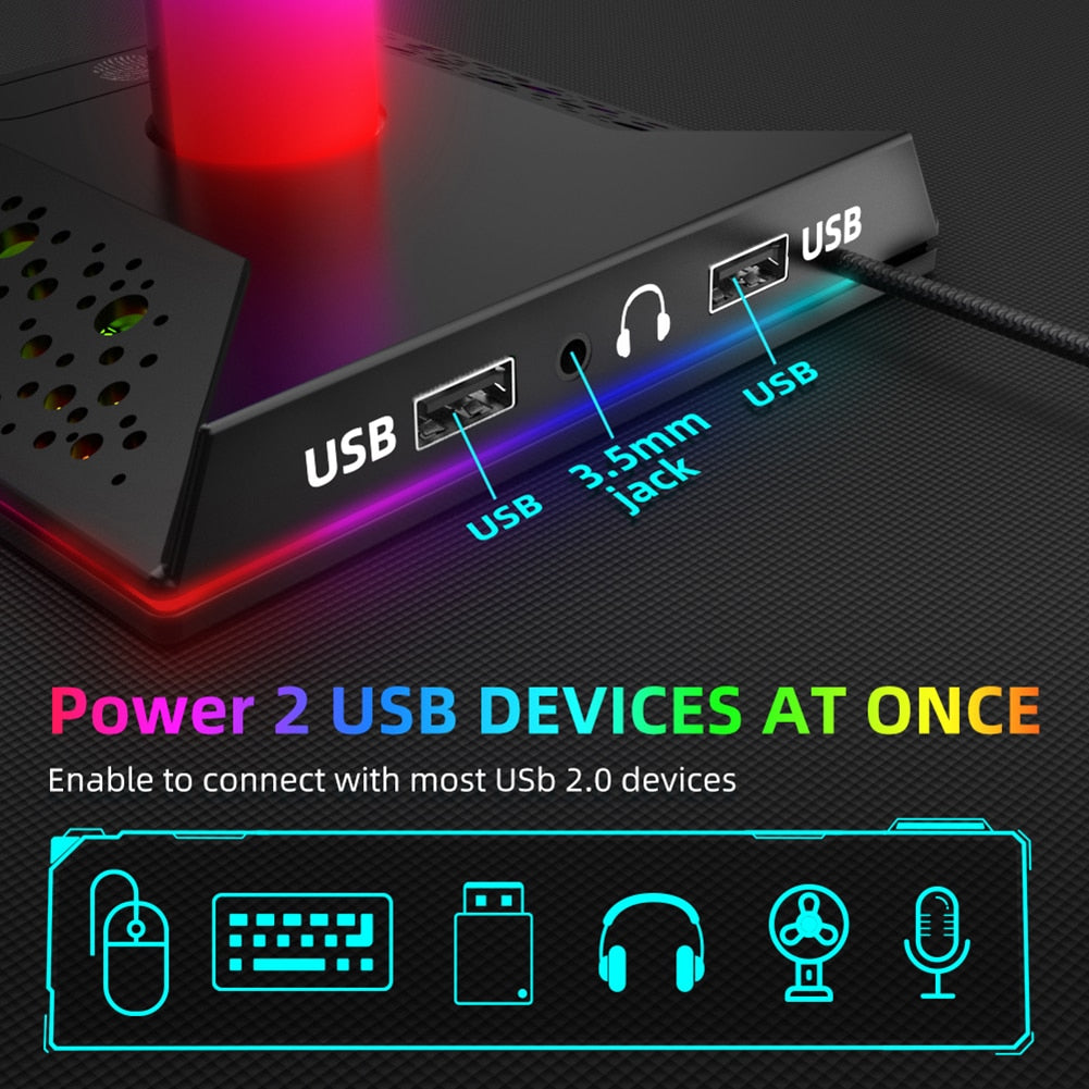 Suporte para fone de ouvido com RGB Gaming e duas portas USB, porta de áudio de 3,5 mm